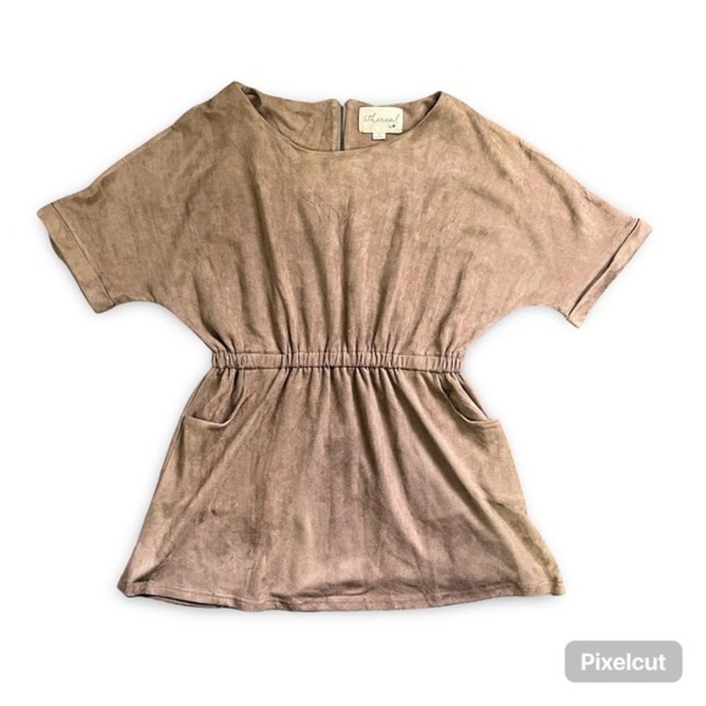 Ethereal by‎ UO Women's Brown Faux Suede Mini Dress Short Sleeve Elastic Waist